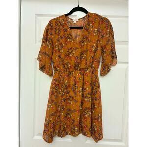 Eyeshadow Floral Midi Dress Small Mustard Sheer Flutter Sleeve